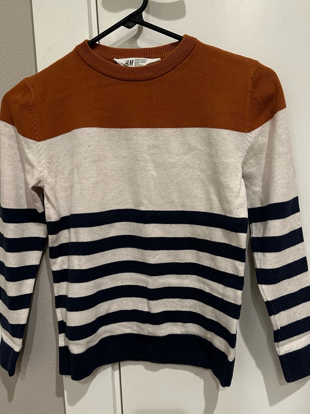 H&M Boys Rust and Navy Striped Crewneck Sweater Sz 8/10 Yrs